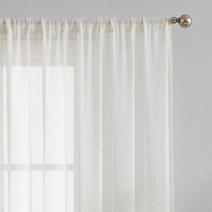 FMFUNCTEX Beige Linen Sheer Curtains, 63 Inches, 2 Panels for Bedroom | Natural Semi Sheer Drapes, Flax Linen, Rod Pocket, Light Filtering, Farmhouse French, Kitchen, Privacy, for Living Room