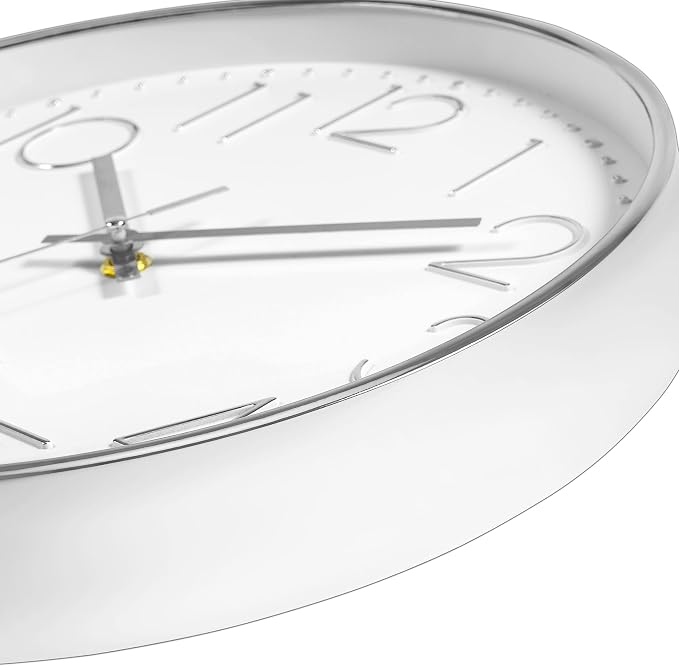 Foxtop 12" Modern Wall Clock Silent Battery Operated Analog Clock, Silver | Non Ticking, Quartz, Round, Easy to Read, Bedroom, Kitchen, Living Room, Office