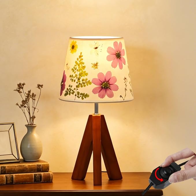 Dried Flowers Tripod Table Lamp 14.17in, 9W LED Dimmable Cute Bedside Lamp with Flowers Linen Lampshade for Nursery, Bedroom, Kid Room, Living Room, Light Brown Wooden Base