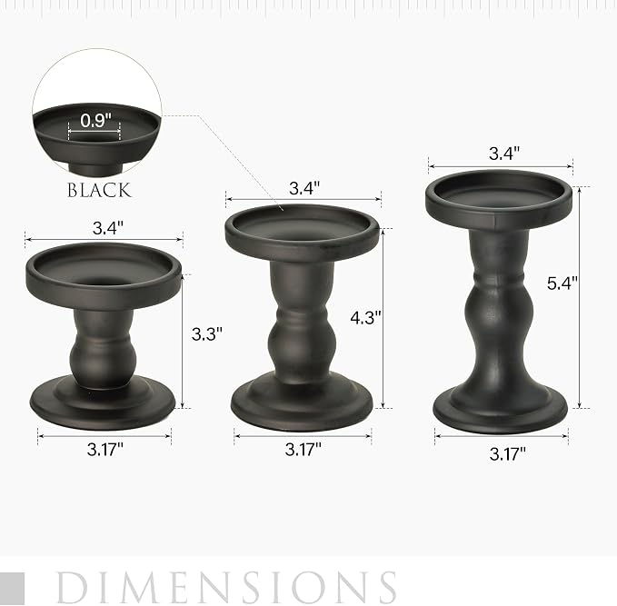 3 PCS Glass Candle Holder - Black Pillar Candle Holder Set for Candlesticks Taper Tealight - Matte Black