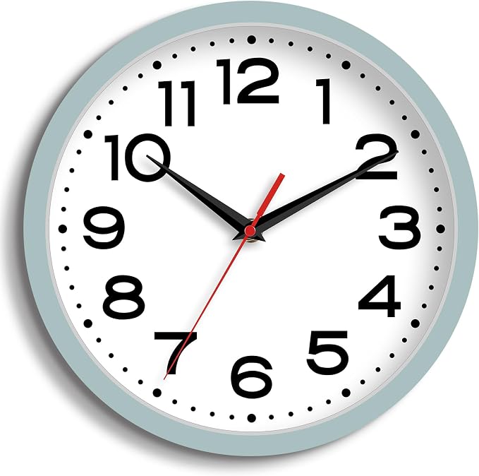 Roymnie 8 Inch Small Wall Clock, Battery Operated Silent Non Ticking | Blue Gray analog wall clock; bold numerals for easy reading; silent non-ticking; 1 AA battery (not included); for classroom