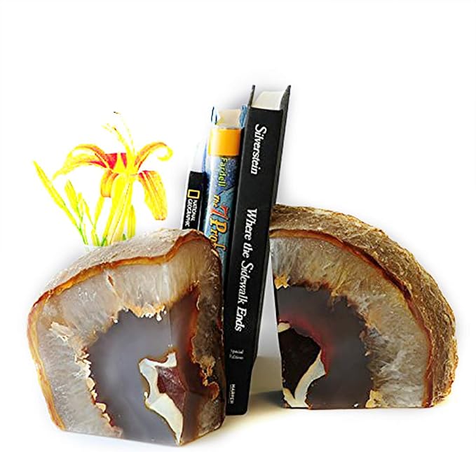 JIC Gem Natural Agate Geode Bookends Anti-Slip Rubber Bumpers 1 Pair 4-6Lbs | Heavy Duty Crystal Book Stoppers Cute Crystal Book ends Decorative Stone Book Supports for Shelf Desktop Home Office Decor