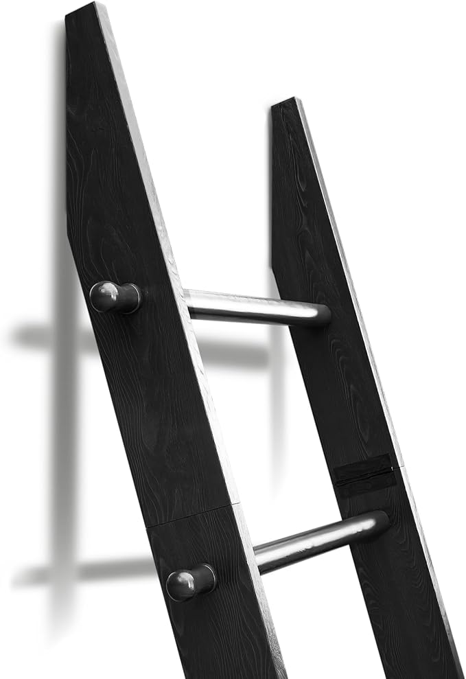 TEAKMAMA 6-Tier 5.4ft Blanket Ladder with Hanging Knobs Black | Farmhouse Wall Leaning Solid Wood Scratch & Slip Proof Quilt Rack, Living Room Bedroom Bathroom, Xmas Deco, Easy Setup