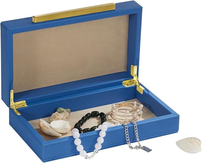 Blue Small Decorative Box with Brushed Gold handle, Faux Leather Keepsake and Memory Box, Home Storage Box with Lid for Modern Home, Jewelry Organizer Box (Blue-Gold, 1pack)