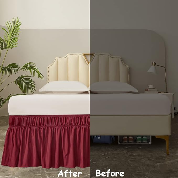 MEILA Wrap Around Bed Skirt for Queen & King Beds, 16" Drop, Burgundy | Three-Side Adjustable Elastic Dust Ruffle, Ruffled Polyester Fabric, Easy to Install, Fade Resistant & Machine Washable