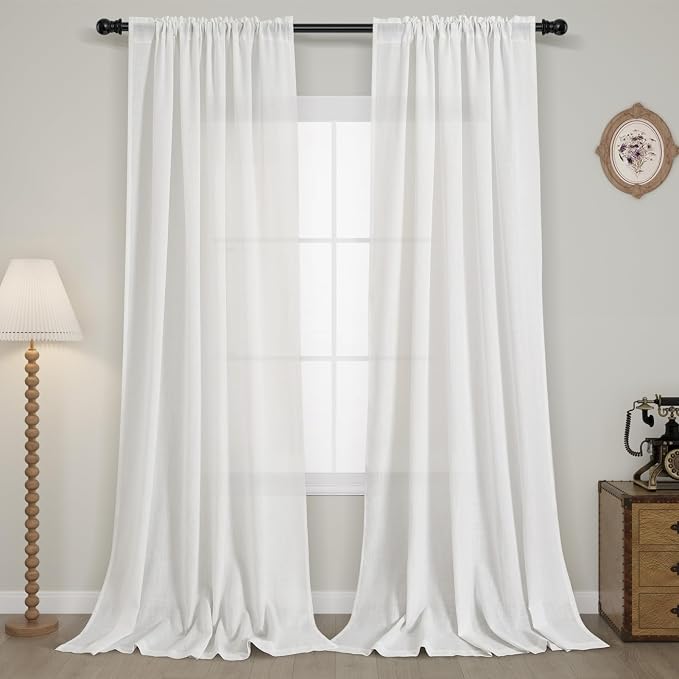 Off White Linen Curtains 96 Inch Semi Sheer Rod Pocket 2 Panels
