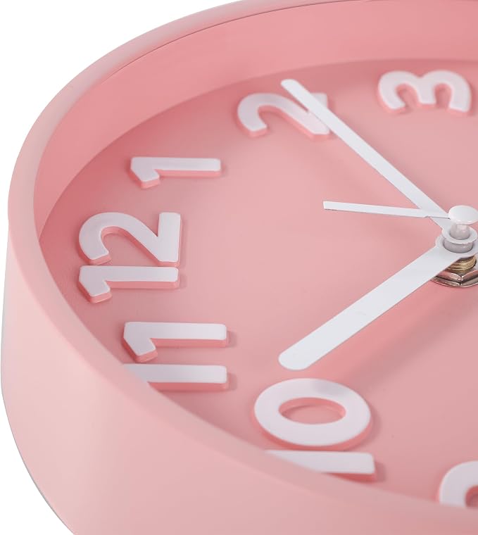 JENLYSTIME 8 Inch Vibrant Pink Modern Wall Clock – Silent Non-Ticking, Bold 3D Numbers, Precise Quartz Movement | Decorative Desk & Wall Clock with Stand for Home, Kitchen, Bedroom, or Office