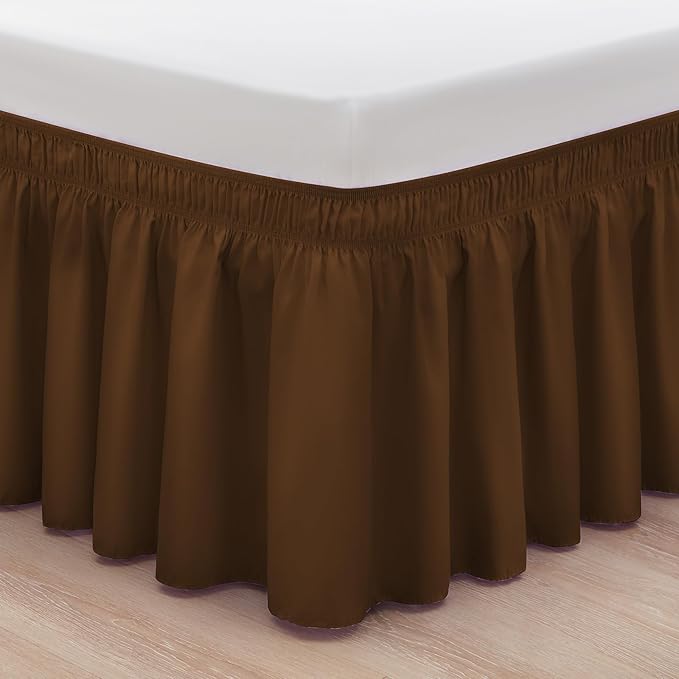 Brown Bed Skirt Full Size 15 Inch Drop, Elastic Wrap Around Bedskirt | Solid Ruffled, Easy to Use, No Mattress Lifting, Wrinkle & Fade Resistant, with Adhesive Strips, Machine Wash/Dry/Iron