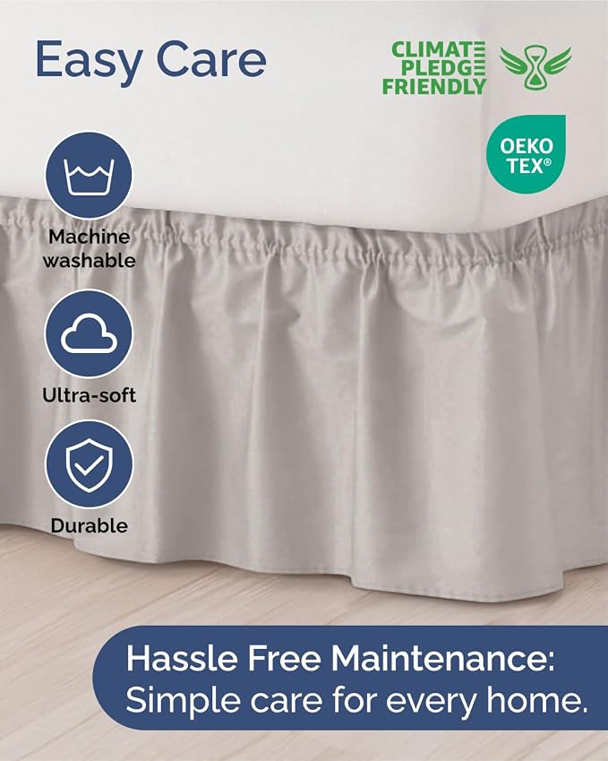 Wrap Around Dust Ruffle Bed Skirt, Queen Size - 12 Inch Drop, French Grey | Easy Fit Elastic Strap, Adjustable Pleated Bedskirt w/Brushed Fabric, Wrinkle & Fade Free, for Women, Men, Kids & Teens