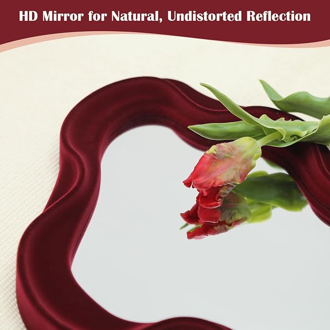 Small Wall Mirror Decor for Hallway Home Office Fireplace,Wine Red | 16x10",Soft Flocking Touch,Cute Wavy Decorative Hanging Mirror for Nursery Room Apartment Living Room Modern Home Decoration