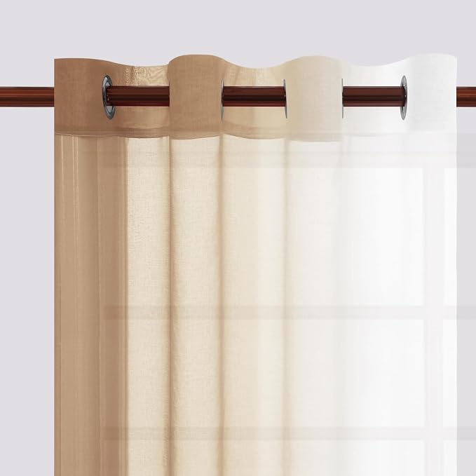 DWCN Ombre Faux Linen Extra Long Sheer Curtains - Semi Voile Gradient Grommet Top Curtains for Bedroom and Living Room, 52 x 108 Inches Long, Set of 2 Window Curtain Panels, Taupe