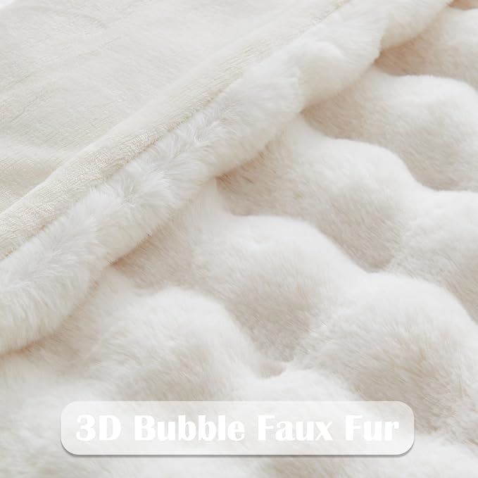 NEWCOSPLAY Faux Fur Thick Bubble Twin Blanket for Couch, Ivory, 60"x80" | Luxury Fluffy Thick Warm Bubble Blanket for Couch Sofa Bed 1000GSM, Soft Plush Cozy Decorative Throw, Gift for Women Men