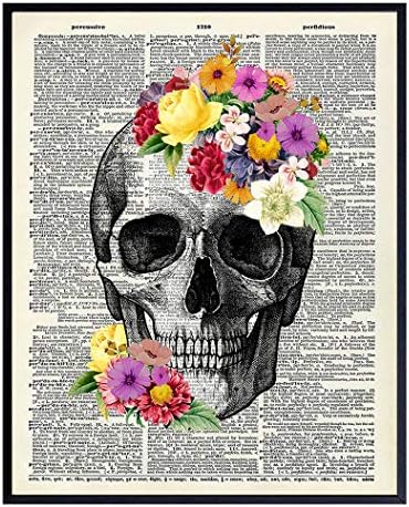 Floral Skull Dictionary Wall Art Decor Anatomy Print - 8x10 Upcycled Vintage Home Decoration for Bedroom, Bathroom - Unique Shabby Chic Gift for Steampunk, Goth Fans, Women - Unframed