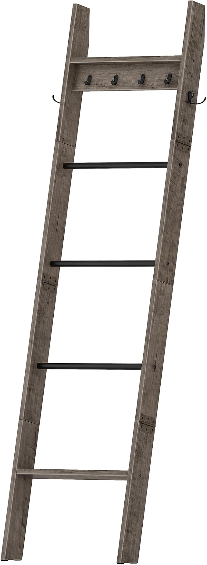 CHOEZON 5-Tier Blanket Ladder, Wooden Blanket Display Rack, Towel Ladder with Hooks, Wall Leaning Display Shelf, for Living Room, Bedroom, Balcony, Greige and Black MCJ02BG