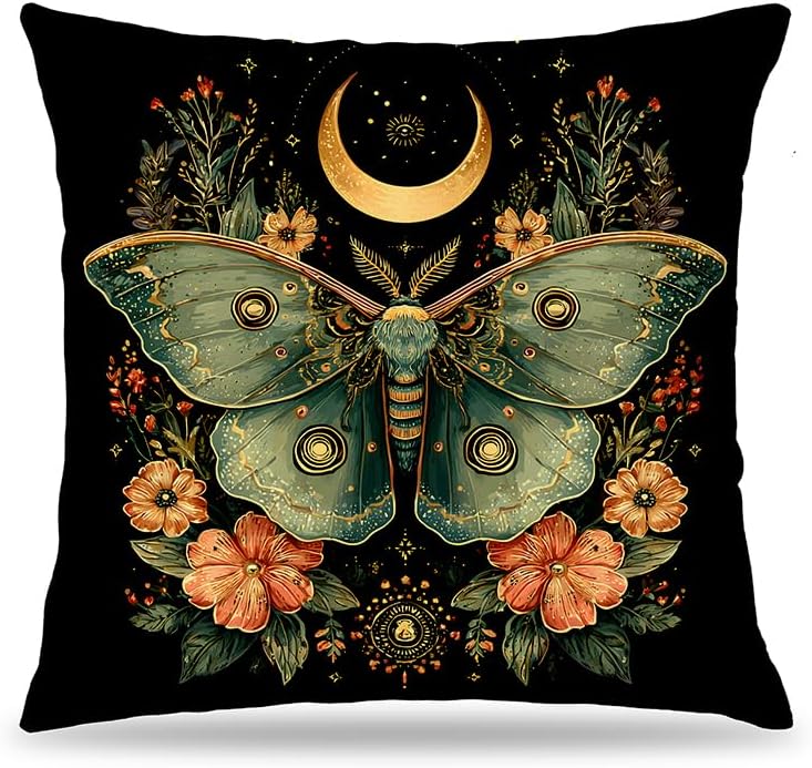 Mystical Luna Moth Pillow Cover 18x18 Double-Sided, Witchy Gothic Celestial Dark Floral Green Butterfly Decorative Throw Pillow Cover for Home Bedroom Living Room
