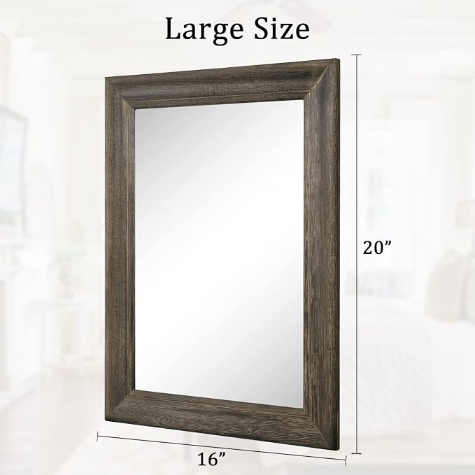 Retro Wall Mirror with Wood Framed Large Rectangle Hanging Mirrors 20"x16" Decorative for Bathroom Bedroom Living Room