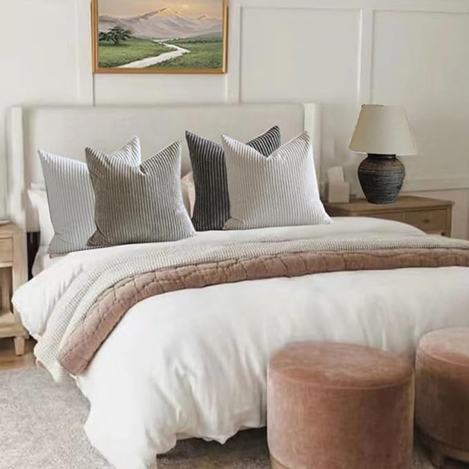 LANANAS Decorative Corduroy Throw Pillow Covers 18x18 Inch Neutral | Set of 4 Neutral Couch Farmhouse Boho Throw Pillows for Living Room, Couch, Bed, Sofa Soft Accent Home Decor