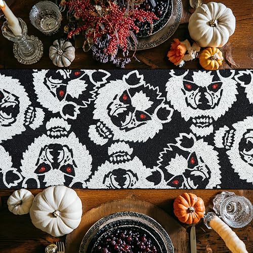 COTTON CRAFT Halloween Beaded Table Runner - Black White Werewolves