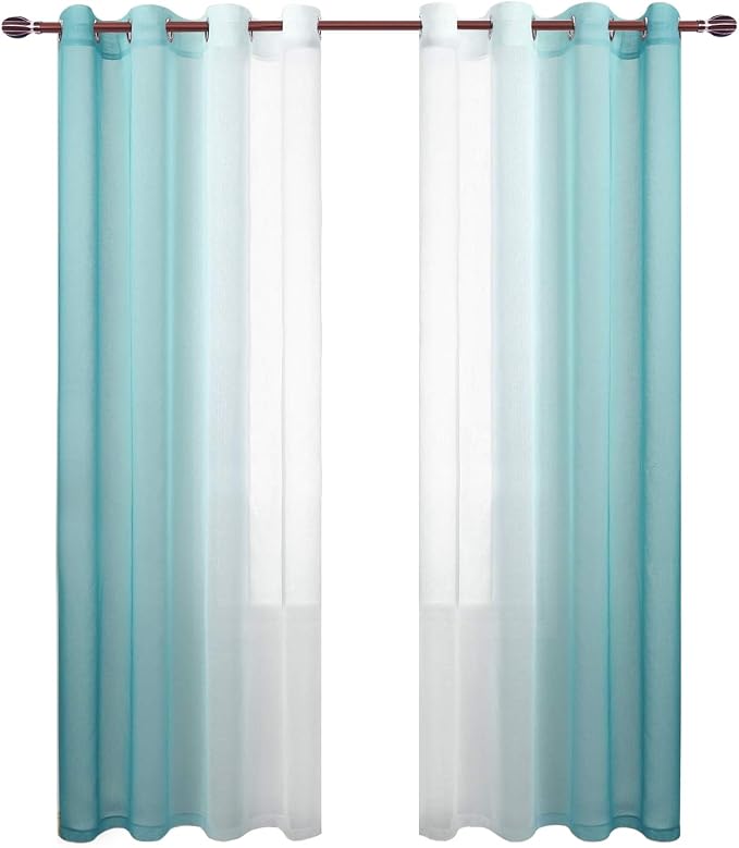 DWCN Teal Ombre Sheer Curtains Faux Linen Gradient Semi Voile Grommet Top Bedroom and Living Room Curtains, Set of 2 Window Curtain Panels, 52 x 84 Inches Long
