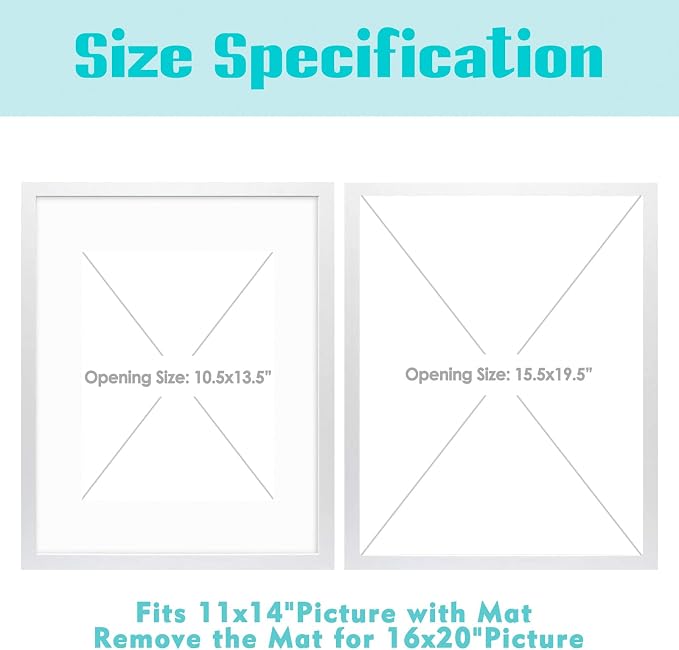 Frametory 16x20 White Picture Frame with Real Glass Mat for 11x14
