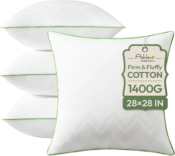 Ashler Throw Pillow Inserts (Pack of 4, White), 28 x 28 Inches Pillow Inserts with 100% Cotton Cover, Indoor Decorative Pillows Inserts for Couch Sofa and Bed