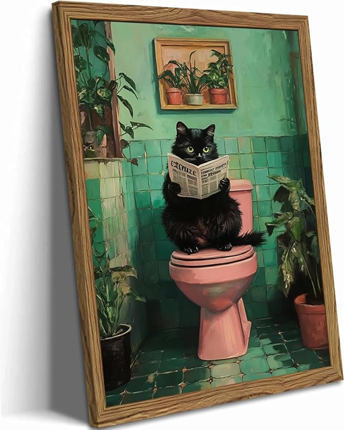 Funny Bathroom Cat Wall Art, Humorous Black Cat Restroom Wall Decor Paintings, Funky Animal on Toilet Reading Newspaper Canvas Prints Artwork 12x16 inch Wood Framed