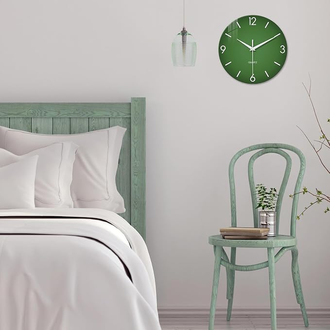 XFM Green Wall Clock Battery Operated 12 Inch Silent Simple | Non-Ticking Battery Operated Modern Minimalist Decorative for Kitchen Bedroom Home Office