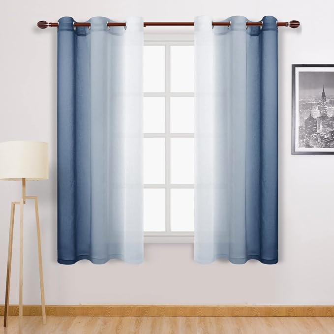 DWCN Blue Faux Linen Ombre Sheer Curtains - Gradient Semi Voile Curtains for Bedroom and Living Room, Set of 2 Grommet Top Window Curtain Panels, 42 x 63 Inches Long, Denim Blue