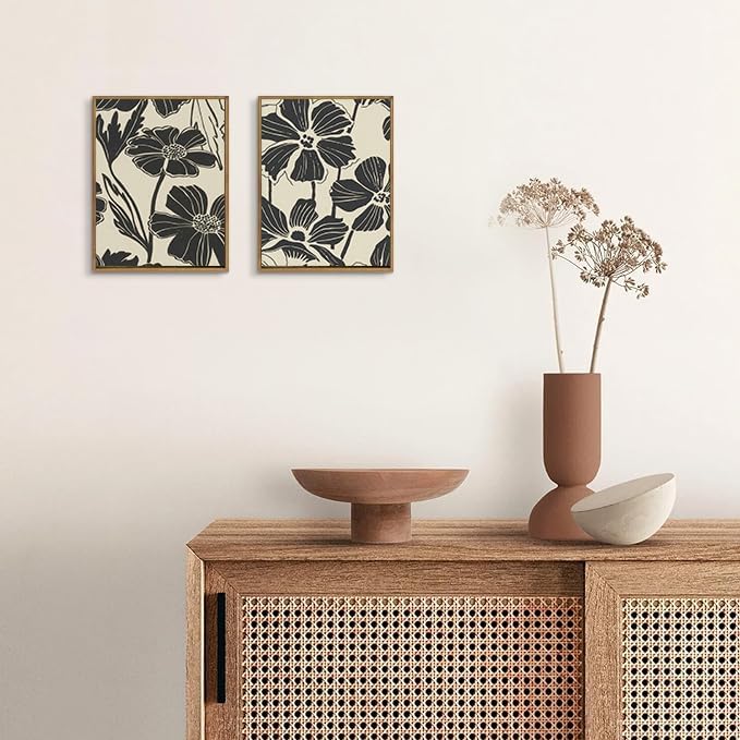 2-Pack Framed Abstract Minimalist Flower Canvas Wall Art for Bathroom | Boho Abstract Flower Wall Art, Minimalist Botanical Painting, Vintage Retro Decor, Ready to Hang