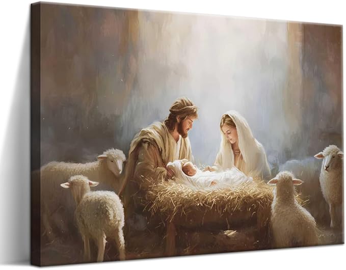 Framed Jesus Camvas Wall Art, Christian Wall Decor Painting, Nativity Scene Print, Jesus and Lamb Religious Artwork Picture for Living Room Bedroom Church Decor 16x24Inch