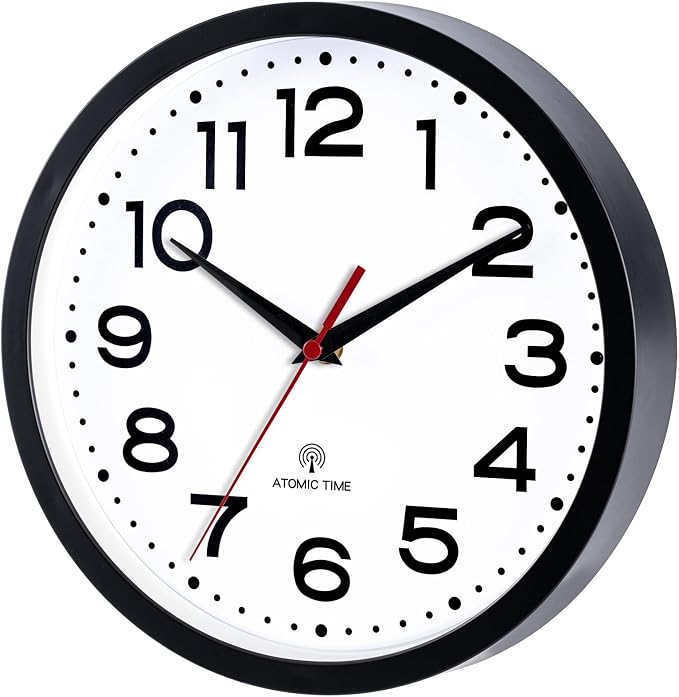 Roymnie 14 Inch Atomic Wall Clock, Battery Operated Silent Non Ticking | Black analog wall clock; bold numerals for easy reading; silent non-ticking; 1 AA battery (not included); for classroom