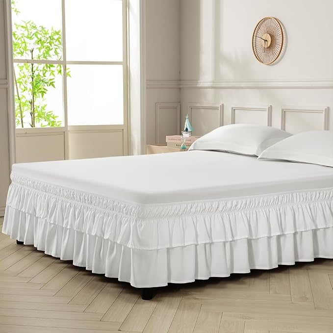 Double-Layered Ruffled Bed Skirt,White,King/Cal King, 14" Drop | Wrap Around, Adjustable Elastic, 2 Layer, Machine Washable Soft Fabric, Multi Ruffle Bedskirt