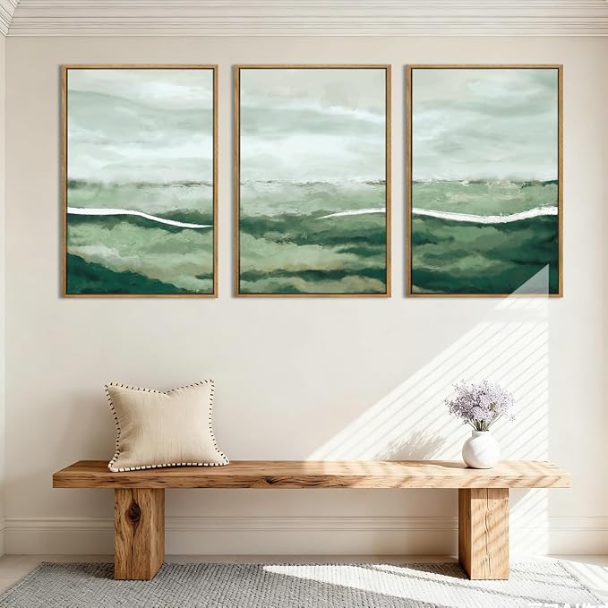 ANHUIB Large Green Abstract Framed Wall Art Set of 3 Sage Green Landscape Canvas Wall Decor 16x24 InchBeige Neutral Watercolor Lake Textured Illustrations Painting for Living Room Bedroom Dining Room