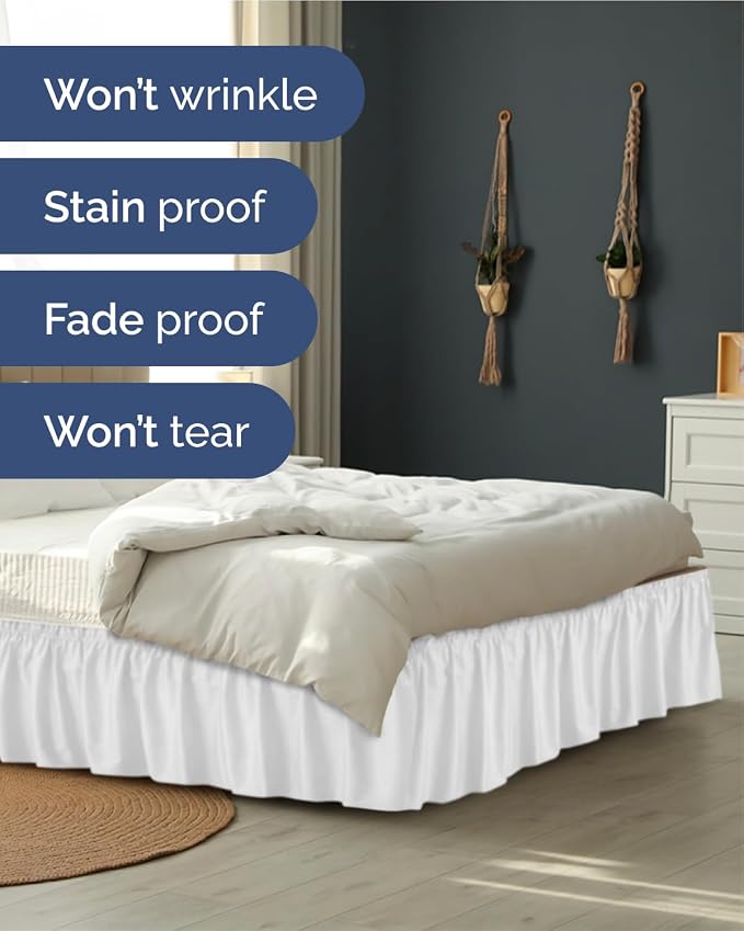 Wrap Around Dust Ruffle Bed Skirt, Queen Size Beds - 14 Inch Drop, White | Easy Fit Elastic Strap, Adjustable Pleated Bedskirt w/Brushed Fabric, Wrinkle & Fade Free, for Women, Men, Kids & Teens