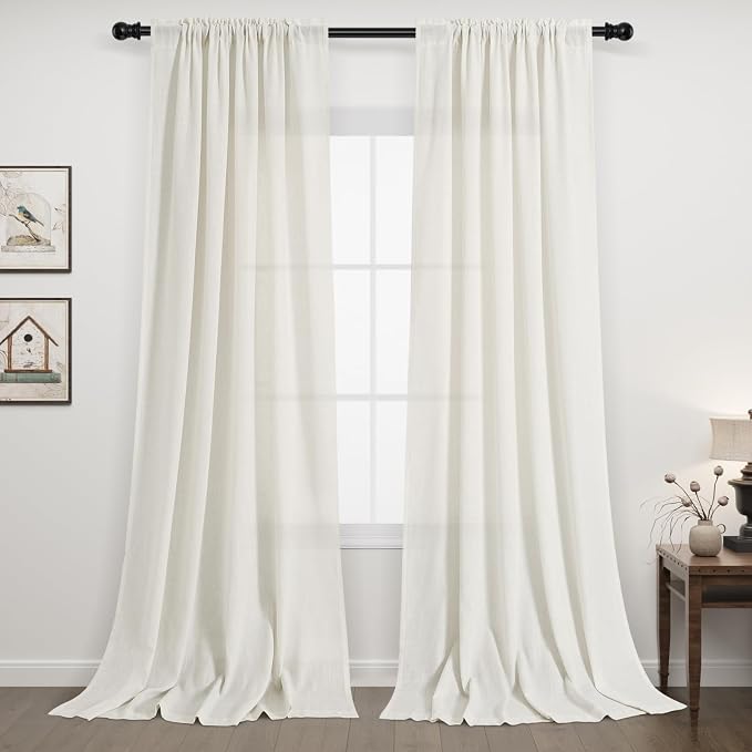 Linen Curtains 95 Inches Long for Living Room Natural Cream Semi Sheer Curtain Rod Pocket 2 Panels Set Boho Farmhouse Light Filtering Window Drapes for Bedroom Beige Ivory 52x95