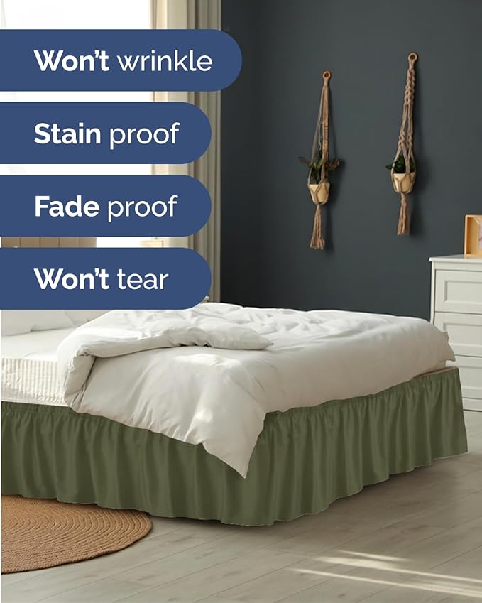 Wrap Around Dust Ruffle Bed Skirt - College Dorm Room - Twin/Twin XL | Sage Green, 14 Inch Drop, Elastic Strap & Adjustable Pleated Bedskirt, Wrinkle Free, for Women, Men, Students, Kids & Teens