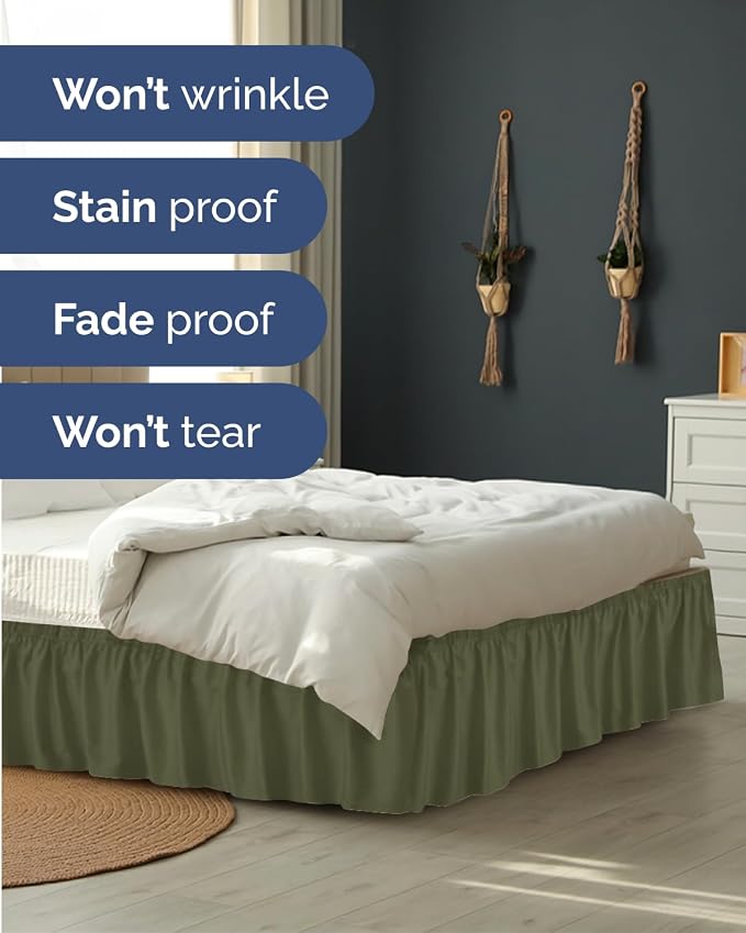 Wrap Around Dust Ruffle Bed Skirt - College Dorm Room - Twin/Twin XL | Sage Green, 12 Inch Drop, Elastic Strap & Adjustable Pleated Bedskirt, Wrinkle Free, for Women, Men, Students, Kids & Teens