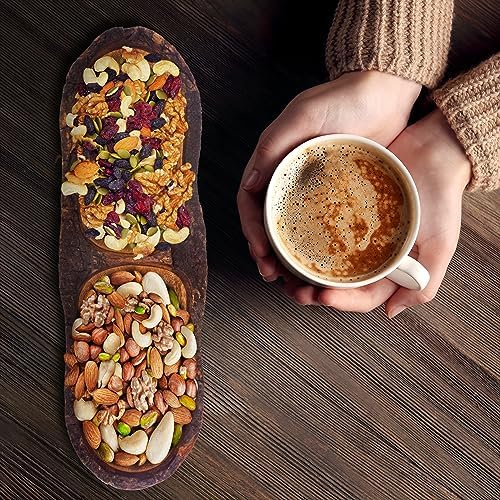 Natural Wooden Tray, Serving Bowl for Salad, Veggies and Fruits, Large Deep Tray for Family, Party (Bark Edge with Two Compartments)