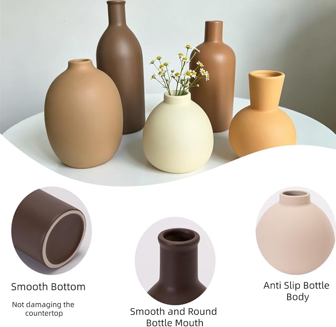 Modern Small Ceramic Vase Set of 5 | Neutral colors, decorative farmhouse vase decor, for shelf entryway table living room