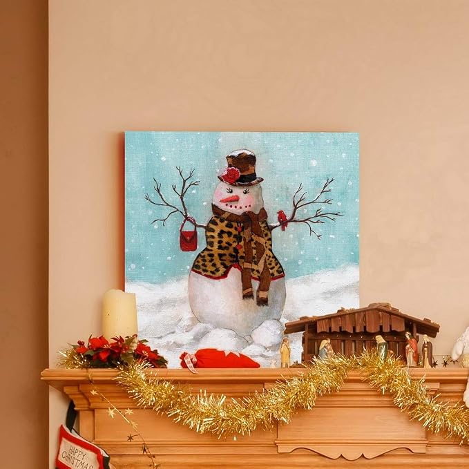 Renditions Gallery Canvas Wall Art Paintings & Prints Snowwoman with Hat & Cardinal in Winter Snow Abstract Hanging Artwork for Bedroom Home Kitchen Wall Decorations - 16"X16" LT05
