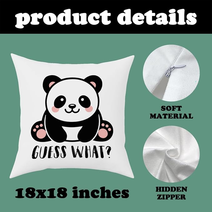 Fokongna Guess What? Panda Butt Pattern Funny Panda Throw Pillow Covers 18 x 18 Inch, Bed Panda Gifts for Girls Kid Calming Corner Home Bedroom Play Room Nursery Decorations Pillow Covers