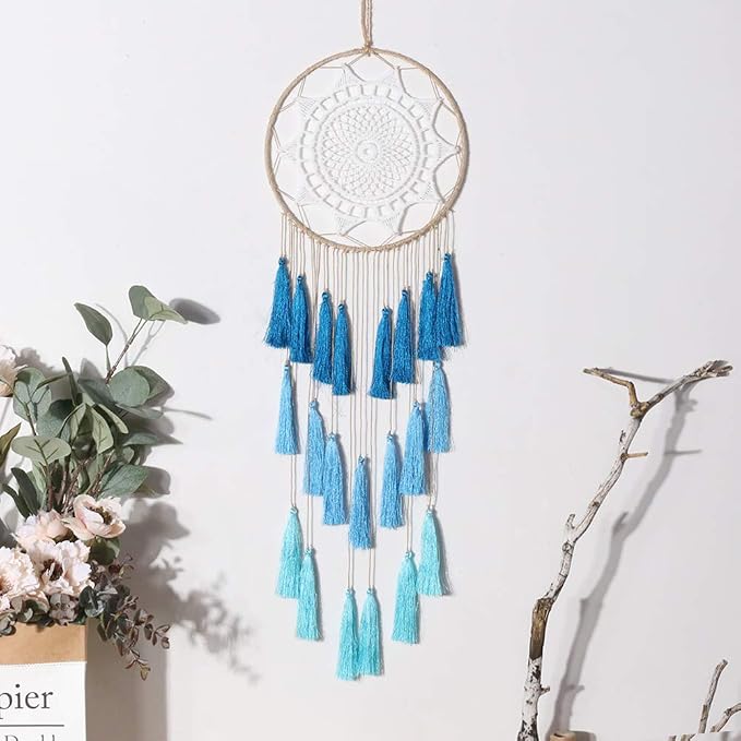 Artilady Macrame Dream Catcher Wall Hanging, Blue Large Boho Bedroom Decor
