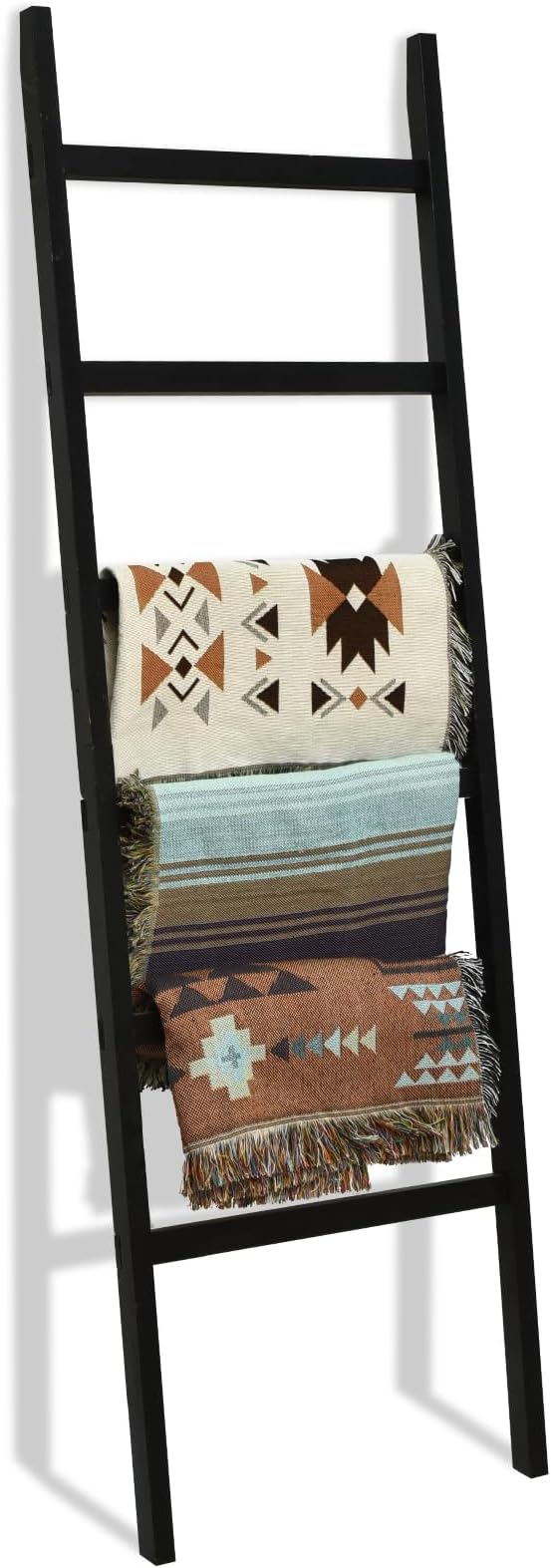 FUIN Blanket Ladder, 24in Wide Rustic Solid Wood Decor Rack, Black | 6.4 ft high and 6 rungs, farmhouse quilt display holder, organize towel and scarf, leaning wall, bathroom and living room use