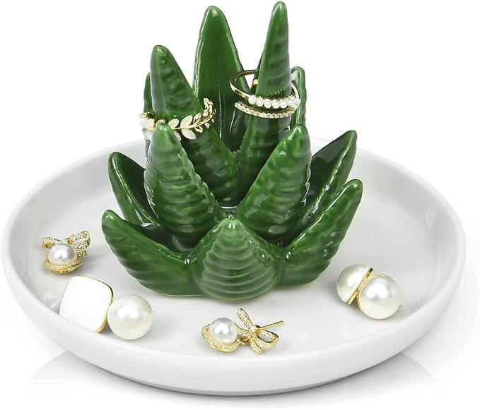 Cactus Ring Holder Jewelry-Dish - Ceramic Plant Decor Jewelry Dish Bracelet Earrings Necklace Tray for Birthday Gifts Home Wedding Decor