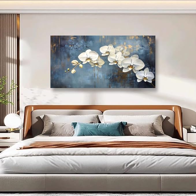 Abstract White Butterfly Orchid Canvas Wall Art for Living room Office Bedroom Flowers Wall Art Print Oil Paintings Modern Blue Gold Rain Mist Pictures Wall Decor Artwork Ready to Hang - 28in * 57inch