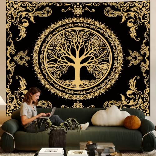 Black Golden Boho Tapestry for Bedroom, Hippie Tree of Life Wall Tapestries