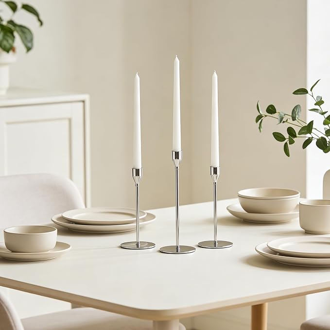 Candlestick Holders, Set of 6 Taper Silver Candle Holder Decor for Date, Festival, Wedding, Party, Dinning or Anniversary, Fit 3/4" Thick Pillar Candles & Led Candles