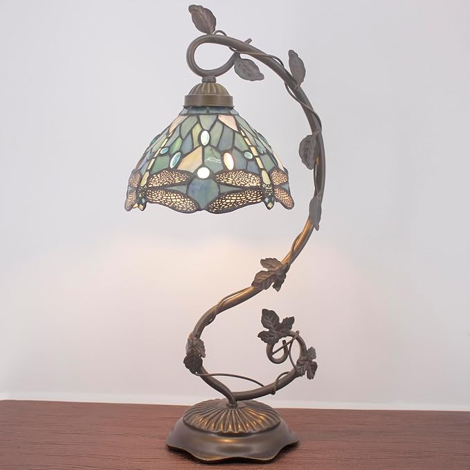 WERFACTORY Tiffany Lamp Sea Blue Stained Glass Dragonfly Style Table Light