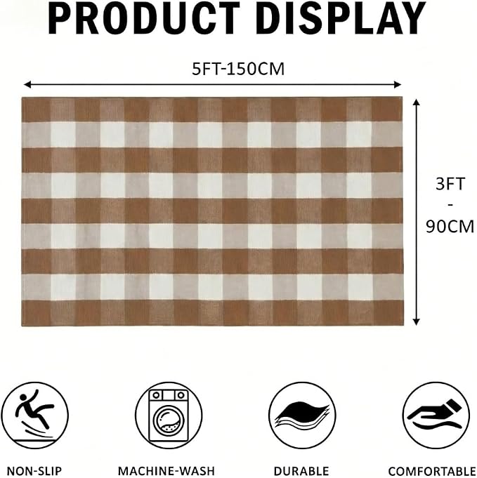 SEEKSEE Buffalo Plaid Outdoor Rug 3' x 5' Coffee and White Front Door Mat, Layering Rug for Porch, Fall Doormat, Front Porch Rug for Outdoor Entrance Entryway Patio Porch Decor
