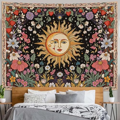 Accnicc Sun and Moon Tapestry Boho Vintage Floral Wall Tapestry for Bedroom Aesthetic Hippie Celestial Botanical Colorful Plant Small Tapestries Wall Hanging for Living Room Dorm 48 x 36 Inch